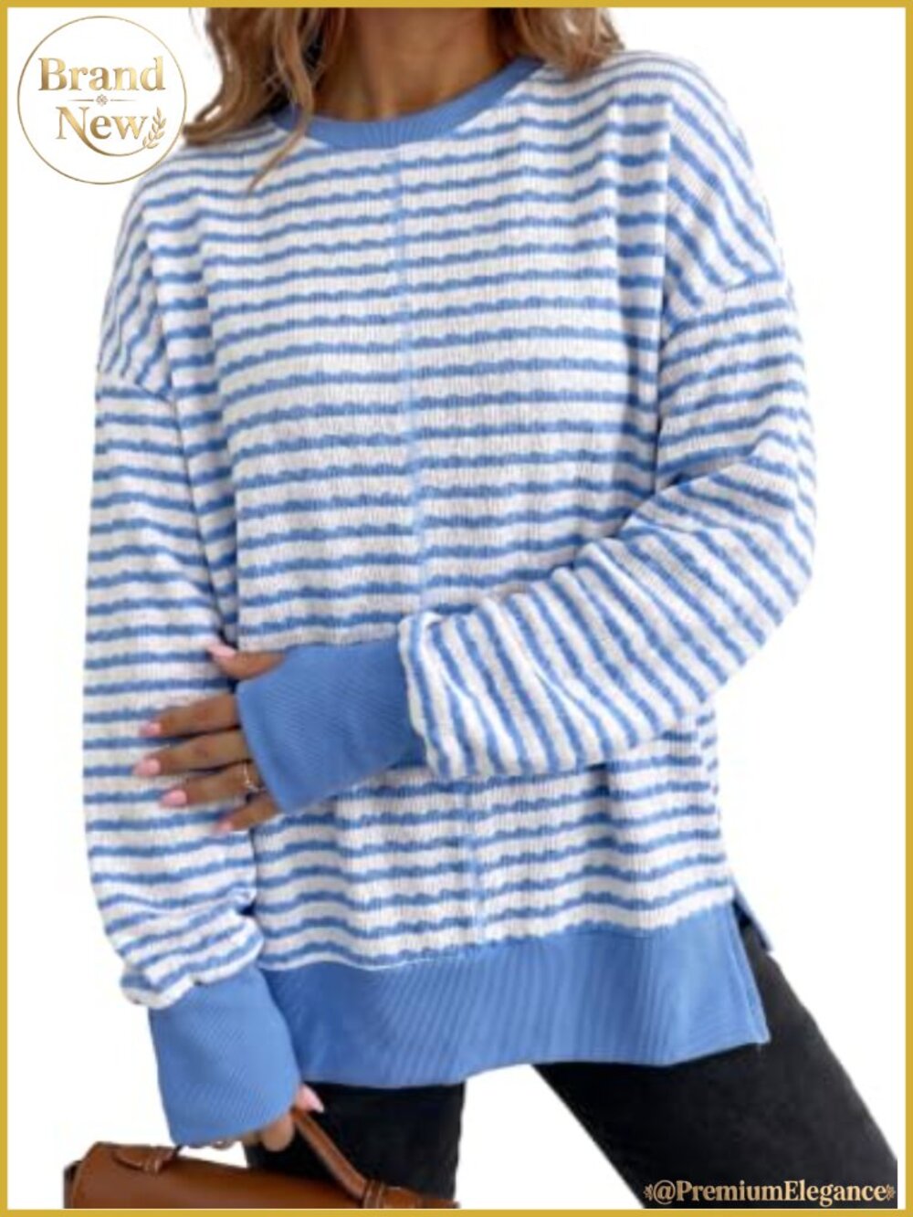 Women's Striped Side Slit Crew Neck Pullover Sweatshirt Relaxed Fit Long Sleeve